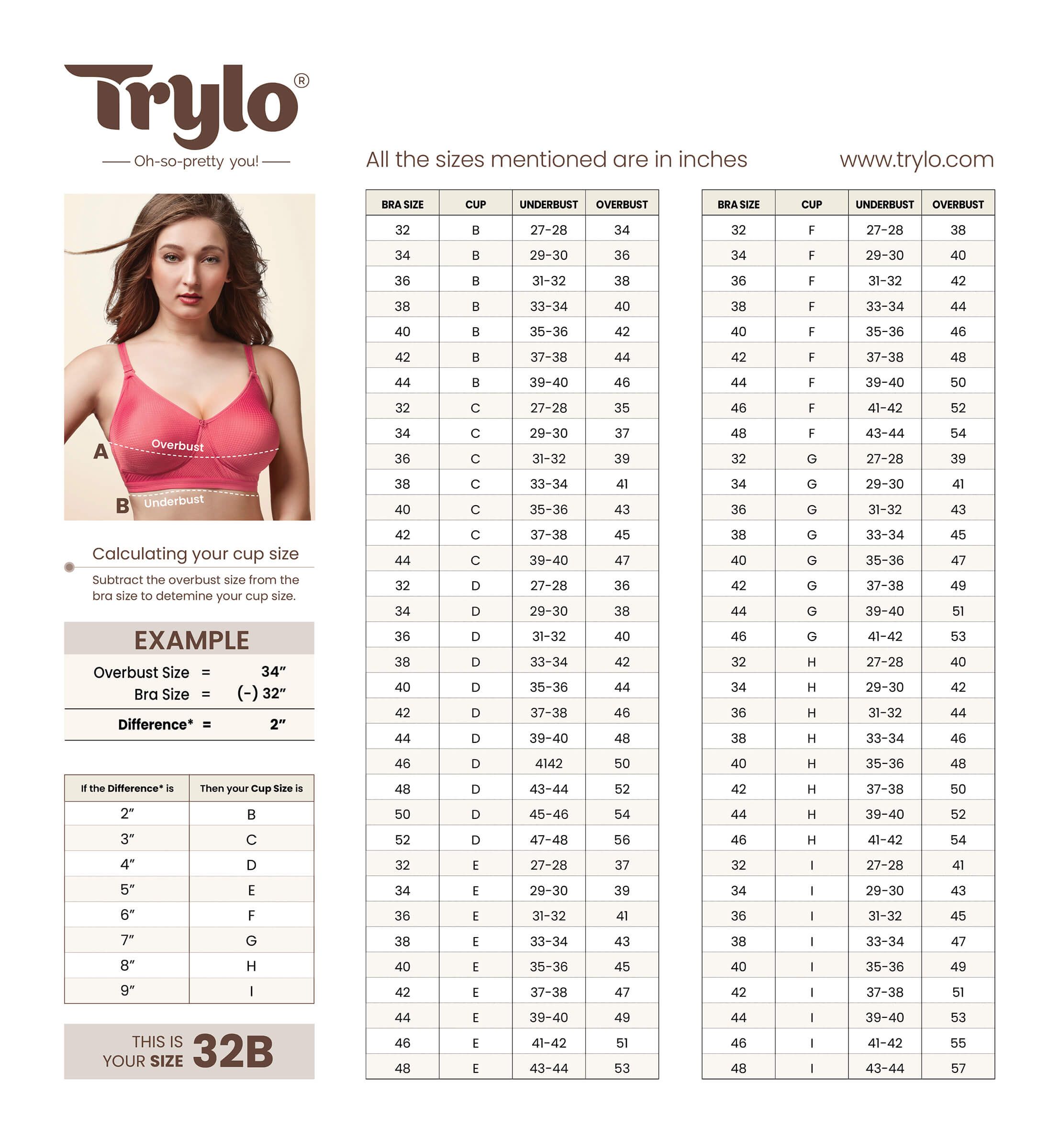 Trylo Bra Size Chart 2023 Update  Bra size charts, Bra chart, Bra sizes
